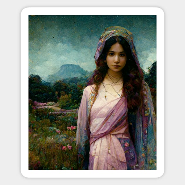 Mary Magdalene, Beautiful Woman, Silk Clothes, Surrounded by a Lush Natural Landscape, Pastel Colors, Mystic, Fantasy, Highly Detailed, Fineart Sticker by AntielARt